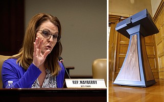 Arkansas state Rep. Julie Mayberry (left), R-Hensley, asks a question during a joint meeting of the Legislature’s Children and Youth committees at the state Capitol in this March 27, 2024 file photo. At right, the $19,029.25 lectern purchased by Gov. Sarah Huckabee Sanders' administration is shown in the Governor’s Conference Room at the state Capitol in a Sept. 26, 2023 file photo. (Arkansas Democrat-Gazette/Thomas Metthe)